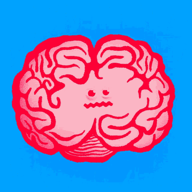 a cartoon drawing of a red brain with a face on it