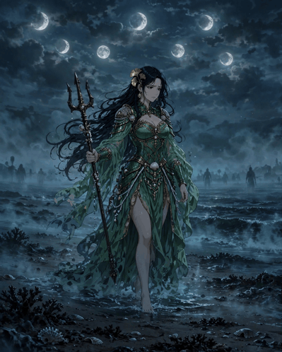 a woman in a green dress is holding a trident in front of a night sky with moons