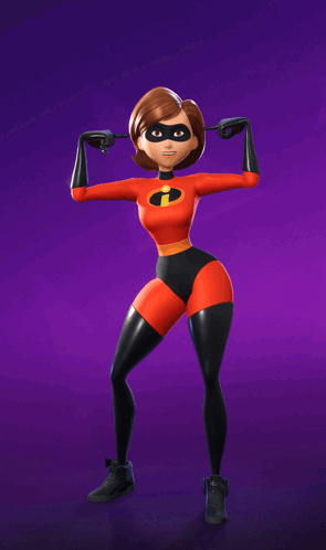 a cartoon character in a red and black superhero costume is pointing at something