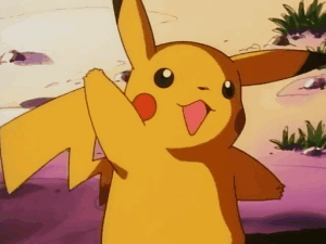 Pikachu smiles and waves one paw in a sunny animated outdoor scene.