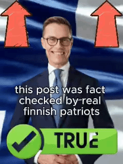 a man in a suit and tie is standing in front of a finnish flag with arrows pointing up .