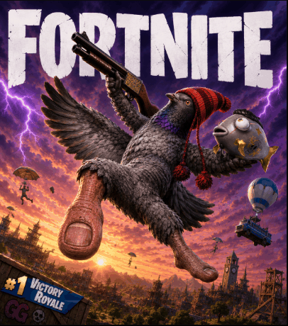 a pigeon is holding a fish and a gun on the cover of a fortnite game