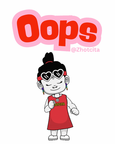 A cartoon girl in a red dress holds her hands together beneath large “Oops” lettering.