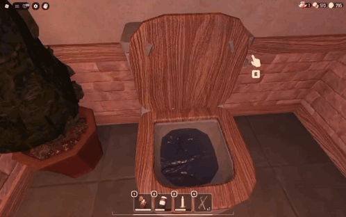 a bathroom in a video game with a sink and a trash can .