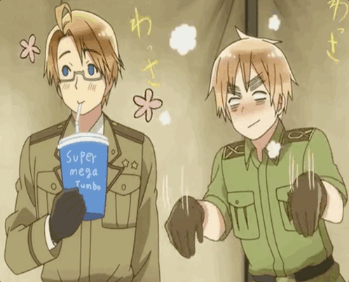 two anime characters are standing next to each other one is drinking from a super mega jumbo cup