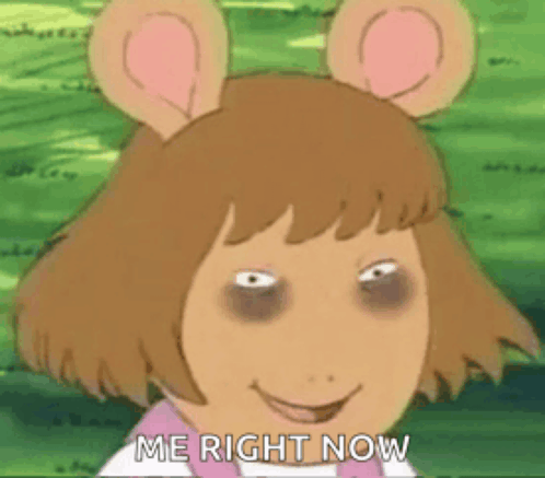 a cartoon character with ears and black eyes is smiling and says `` me right now '' .