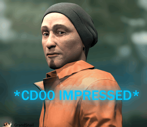 a man wearing an orange jumpsuit and a black beanie is standing in front of a sign that says cdoo impressed