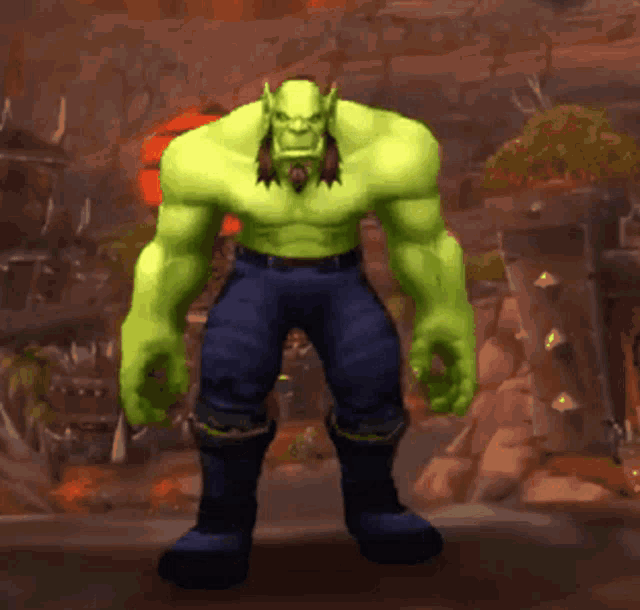 A muscular green orc dances in a rocky fantasy environment.