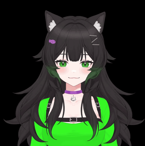 A black-haired anime catgirl avatar smiles against a dark background.