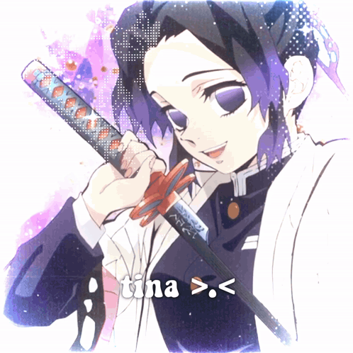 a drawing of a girl with purple hair holding a sword and the word tina below her