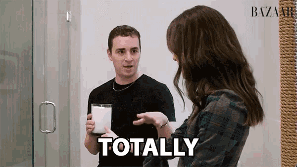 a man is holding a glass of milk while a woman says " totally "