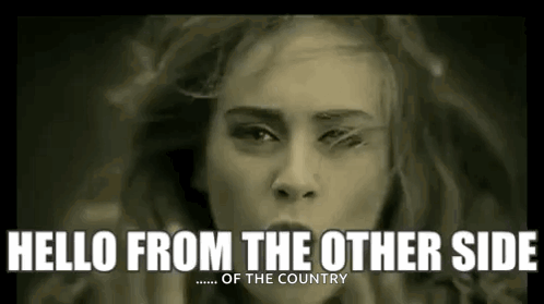 Adele sings beside the caption “HELLO FROM THE OTHER SIDE.”