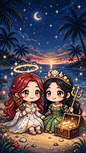 a pixel art drawing of two girls on a beach with a treasure chest