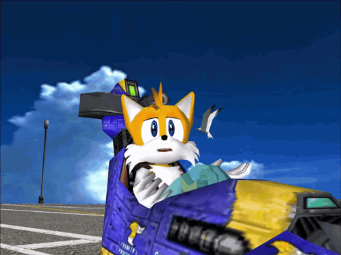 a cartoon character is sitting in a blue and yellow vehicle with the word tails on it