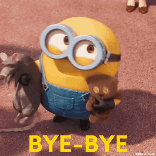 A Minion stands beside a small mouse with bold yellow “BYE-BYE” text.
