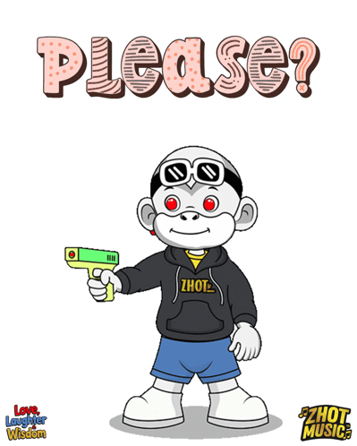 a cartoon of a monkey holding a gun with the words " please " behind him