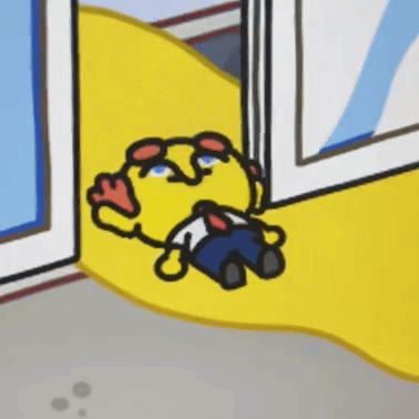 A small yellow cartoon character collapses against a wall in apparent relief.