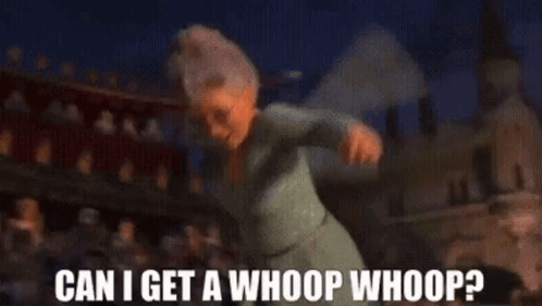 a cartoon woman is dancing with the words can i get a whoop whoop written below her