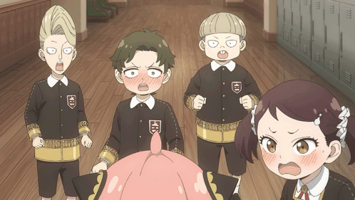 a group of children are standing in a hallway and one of them has the letter k on their uniform