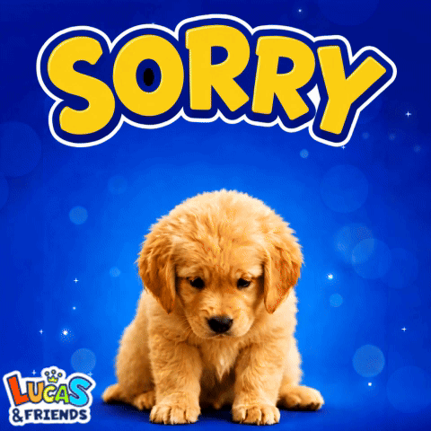 A sad puppy sits below a large yellow-and-blue “SORRY” caption.