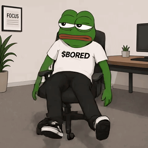A bored Pepe-style character slumps in an office chair wearing a “SBORED” shirt.