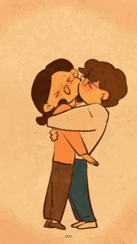 A hand-drawn couple embrace and kiss in a warm illustration.