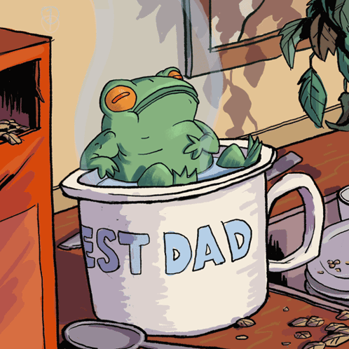 a frog is sitting in a coffee mug that says est dad
