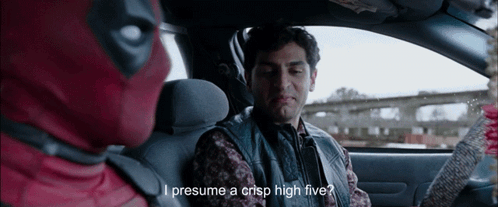 Deadpool in a car offers a crisp high five.