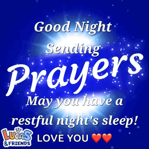 Blue card reads “Good Night, sending Prayers” with a message wishing restful sleep and love.