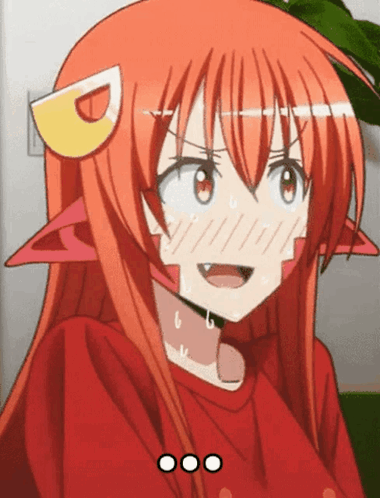 Miia blushes and sweats with a startled anime expression.
