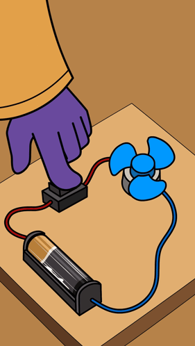 a cartoon drawing of a person pressing a button next to a fan and a battery