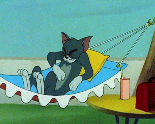 Tom lounges in a hammock with an angry glare.