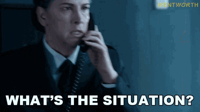 a woman in a suit and tie is talking on a phone and the words what 's the situation are above her
