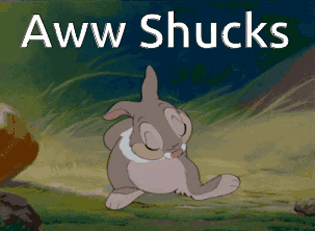 A gray cartoon bunny sits bashfully beneath “Aww Shucks.”