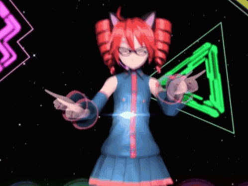 a girl with red hair and glasses is standing in front of a neon triangle