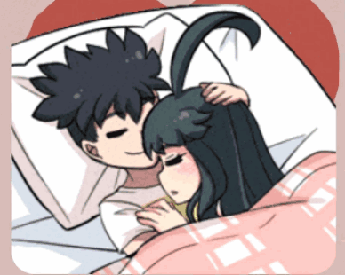 Two anime characters cuddle under a blanket in bed.