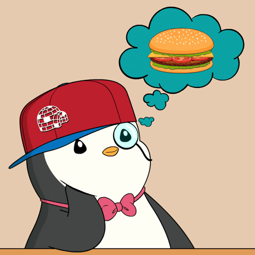 A penguin in a cap dreams about a hamburger.