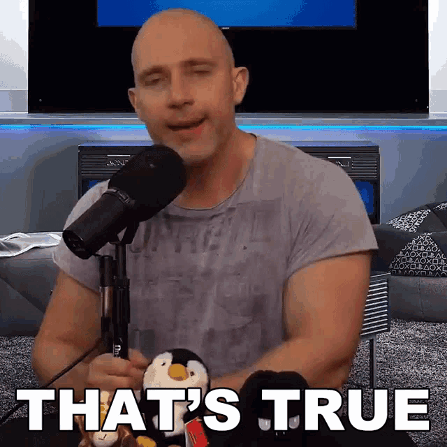 a man holding a stuffed penguin in front of a microphone with the words that 's true below him