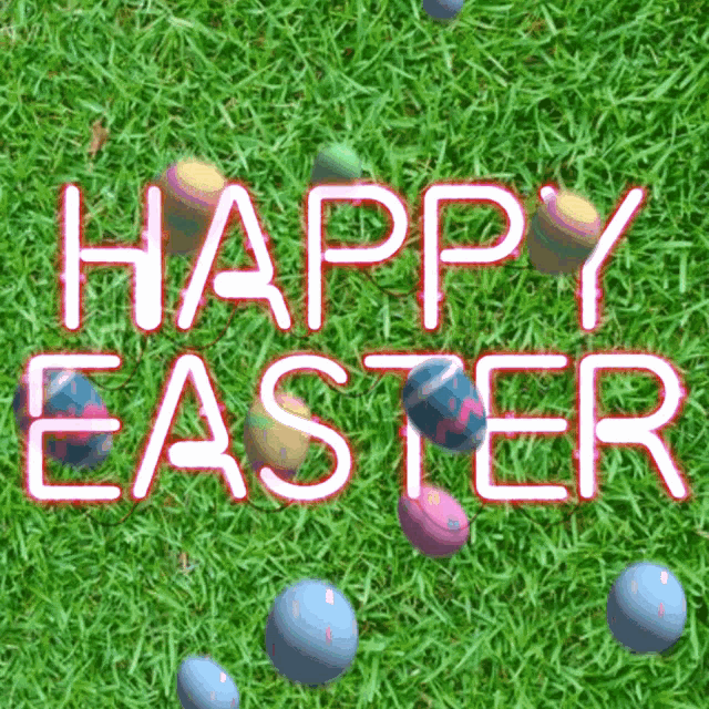 easter eggs in the grass with the words happy easter written above them