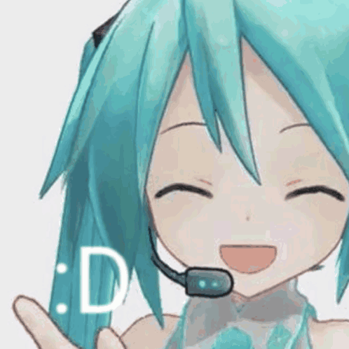 hatsune miku is wearing a headset and smiling while waving her hand .