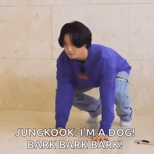 jungkook is kneeling down on the floor and saying `` jungkook , i 'm a dog , bark bark bark ! ''