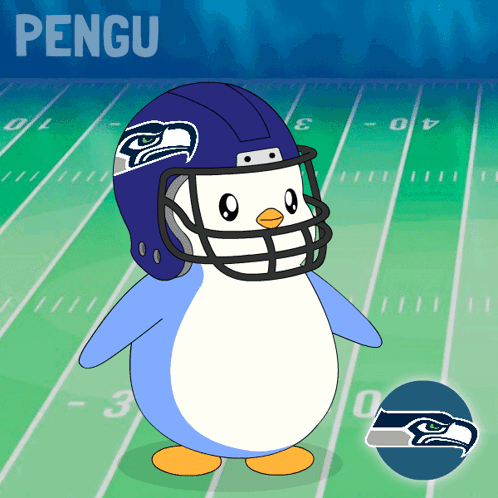 a penguin wearing a seattle seahawks football helmet