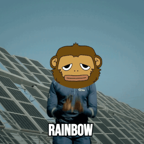 a cartoon monkey is standing in front of a row of solar panels and the word rainbow is on the bottom