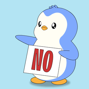 A blue cartoon penguin holds a red-and-white sign reading “NO.”
