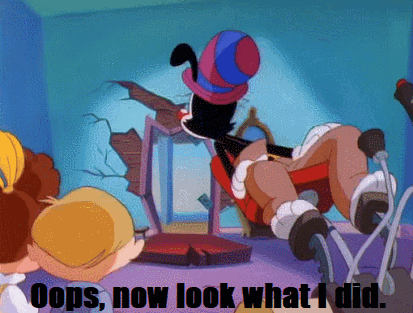 a cartoon character with the words oops now look what i did behind him