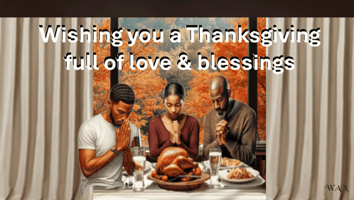 three people praying at a table with a turkey on it