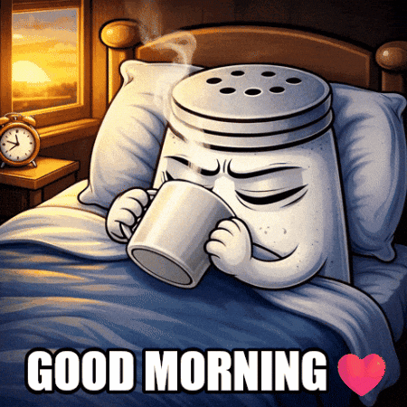 a cartoon illustration of a salt shaker drinking a cup of coffee with the words " good morning " below it