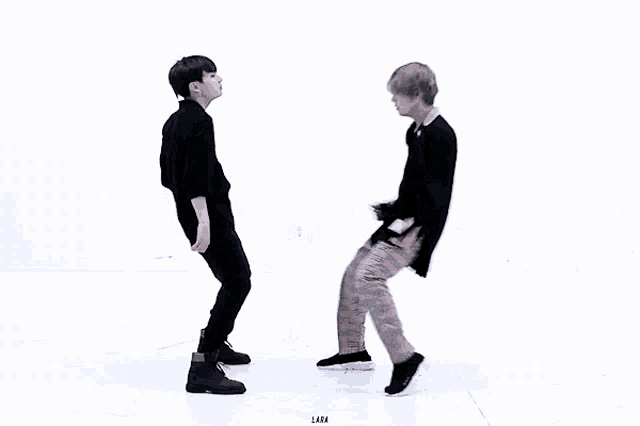 two men are dancing on a white surface with the word lara on the bottom right