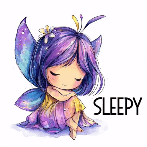A purple-winged fairy kneels with the caption SLEEPY.
