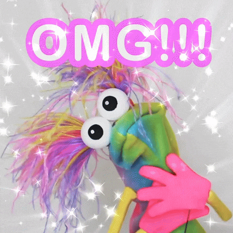 A colorful fuzzy puppet looks astonished beneath “OMG!!!” text.
